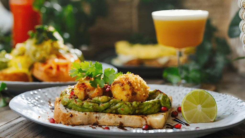 Avocado toast with fried cheese balls, garnished with cilantro and pomegranate seeds, served with lime and juice for a scenic breakfast in Business Bay