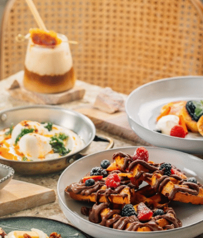  Assorted late breakfast spread in Dubai with chocolate-drizzled waffles topped with berries, poached eggs with greens, pasta with cherry tomatoes, and iced coffee.