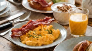 Savoury breakfast plate with scrambled eggs, crispy bacon, orange juice, and granola yogurt