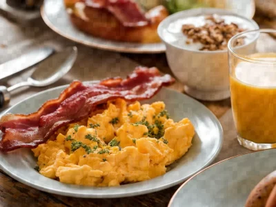 Savoury breakfast plate with scrambled eggs, crispy bacon, orange juice, and granola yogurt